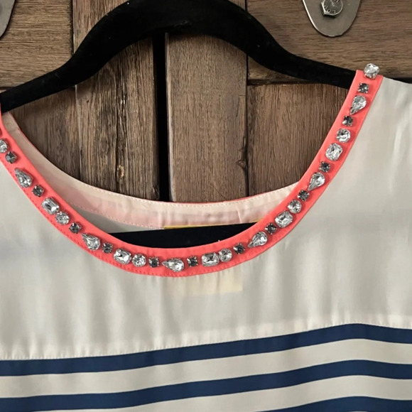 Anthropologie Maeve Striped Jeweled Neck Short Sleeve Blouse Cream/Blue Size M - Picture 5 of 6